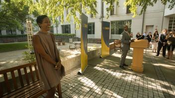 People gather to meet and talk with Chancellor Gary May during the breakfast with the Office of Chancellor and Provost on August 2, 2017. LeShelle May laughs as her husband talks.