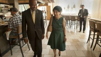 Chancellor Gary May meets with Congresswoman Doris Matsui at Ella's Restaurant for a lunch on August 3, 2017. Doris Matsui has long worked with UC Davis to improve her district and California.