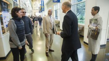 Gary May and his wife, LeShelle May, stop to talk with faculty members while touring the ARC during his first visit to campus on Friday, February 24, 2017.
