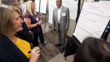 Chancellor Gary May laughs that he has to vote for himself as a strength as he participates with deans, administration, alumni, donors, faculty, staff and students at the To Boldly Go, A Strategic Vision for the Future of UC Davis on October 10, 2017.