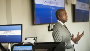 Chancellor Gary May answers questions of the young African leaders about his life and challenges during a meeting of the Mandela Fellows on July 28, 2017 at the International Student Center. This is one of the last gatherings of the Washington Mandela Washington Fellows in Davis before they return to Washington D.C.