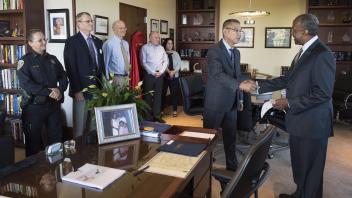 Chancellor Gary May and his wife, LeShelle May, are introduced to the new Sacramento Police Chief, Daniel Hahn at the Sacramento Minority Business Councils at the Leland Stanford Mansion in Sacramento on August 30, 2017.