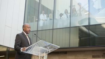 The new Betty Irene Moore Hall School of Nursing grand opening on October 13, 2017. Chancellor Gary May speaks at the grand opening. Tours included the learning classrooms, home health simulation, primary care clinic simulation, hospital ward simulation, and task training lab.