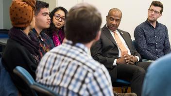Chancellor May visits with students at the Transformative Justice Center. They held a "To Boldly Go" circle and talked about the future vision of UC Davis.