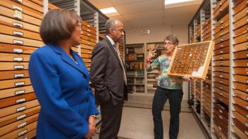 Dean Helene Dillard and Chancellor Gary May tour of the Bohart Museum and the Museum of Wildlife and Fish Biology on February 6, 2018. 