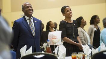 Chancellor designate Gary May and his wife, LeShelle May attend Black Convocation at the ARC Ballroom on April 14, 2017 during a campus visit.