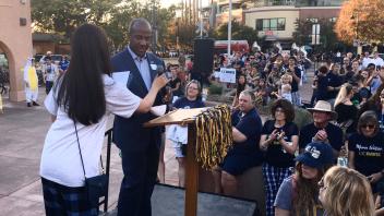 Chancellor May speaks at his first Pajamarino during homecoming weekend.