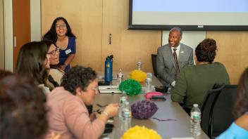 Chancellor Gary May visits with the Latinx Staff and Faculty Association.