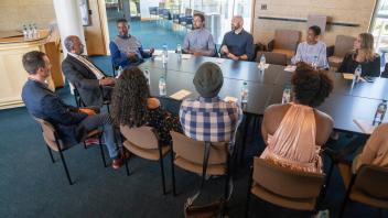 Gary Grice, known by the stage name GZA a.k.a. The Genius met with a small group of administors, faculty, staff and students before his talk at the Chancellor's Colloquium in Jackson Hall at the Mondavi Center on May 21, 2018.