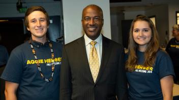 Chancellor May with his 2018-19 Student Assistants: William Sampson and Abigail Edwards