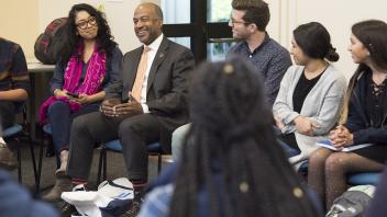 Chancellor May chats with students while visiting the Transformative Justice in Education Center Circle Up event at the School of Education Building on January 23, 2019.