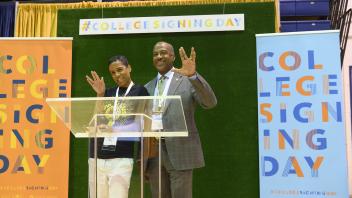 Chancellor Gary May and LeShelle May have their photo taken during the SAYS (Sacramento Area Youth Speaks) and College Signing Day event in the Pavilion on May 3, 2019.  Hundreds of High School and Middle School children attended the event.