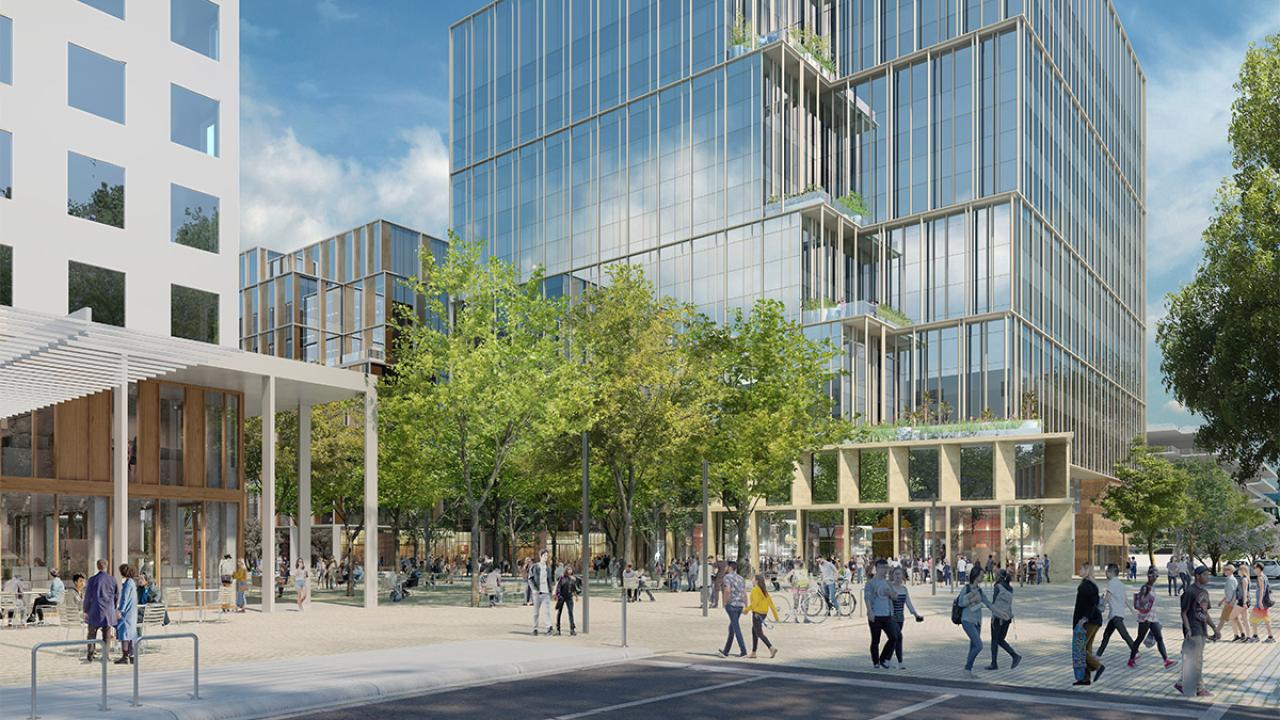 This sketch of the Aggie Square project simulates the view from Stockton Boulevard, where the UC Davis Sacramento Campus will open up to the community. Ahead is the Lifelong Learning Building and Innovation Hall. (Courtesy of ZGF) Renderjng of Aggie Square from Stockton Boulevard