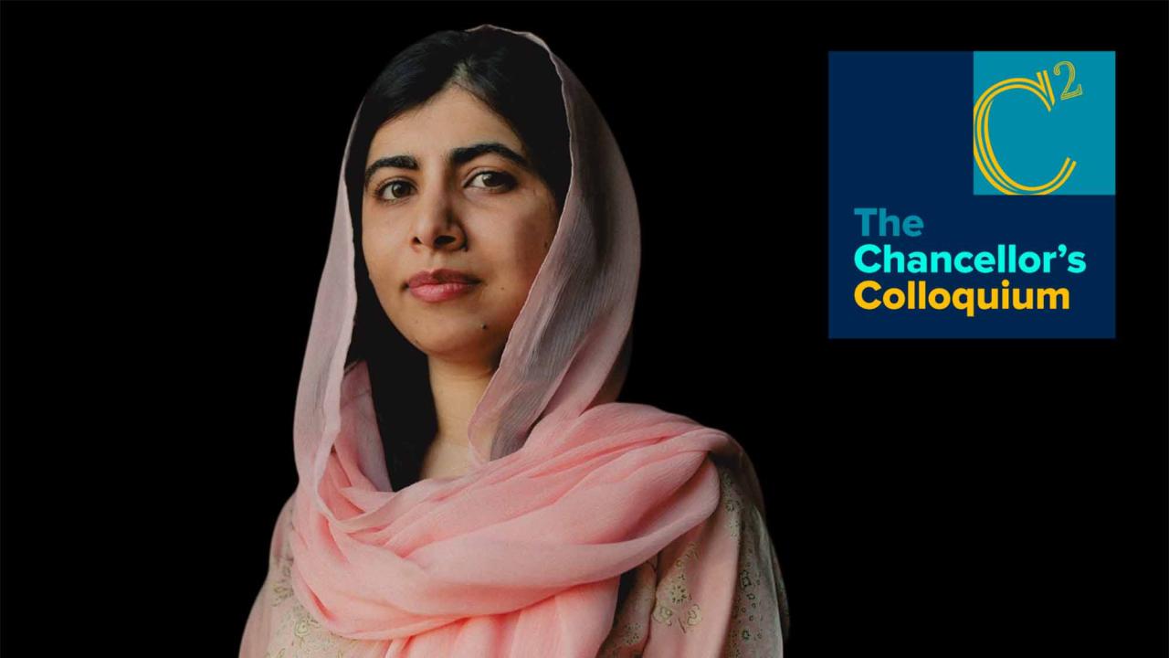 Photo of Malala Yousafzai with graphic: Chancellor's Colloquium
