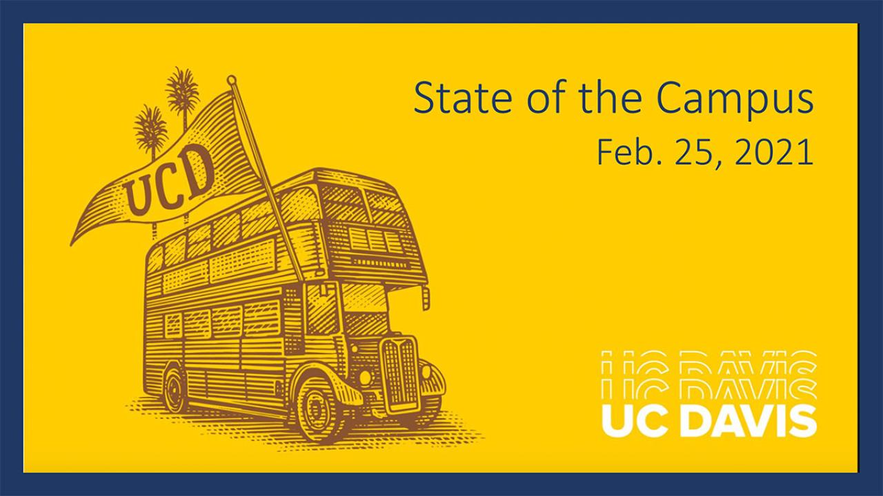 Yellow graphic with UC Davis logo, bus and text "State of the Campus Feb. 25, 2021"