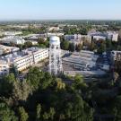 Aerial view of the UC Davis campus with a water tower in the foreground.